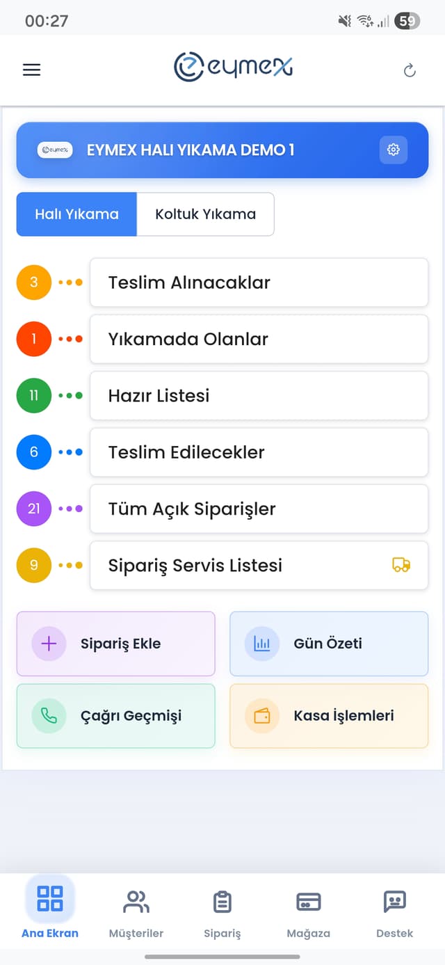 Eymex halı yıkama programı ana ekran görünümü - QR kodlu sipariş takibi, müşteri yönetimi ve sipariş listesi