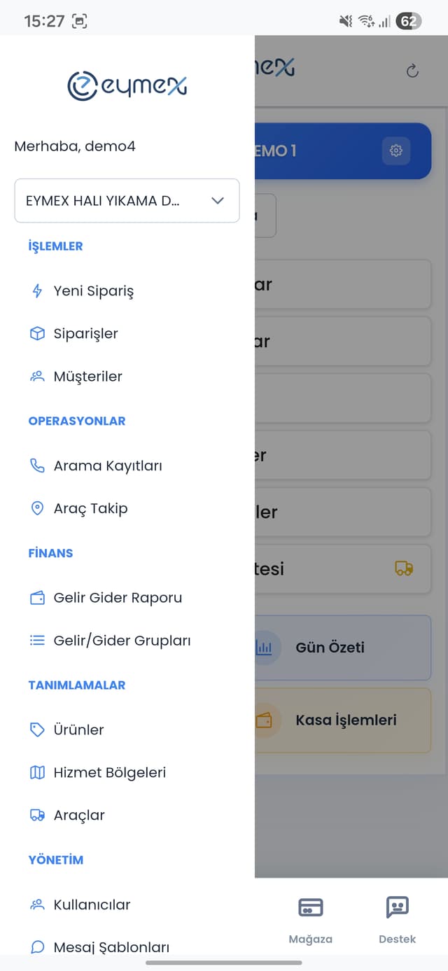 Eymex mobil uygulama menü ekranı - iOS ve Android uyumlu navigasyon