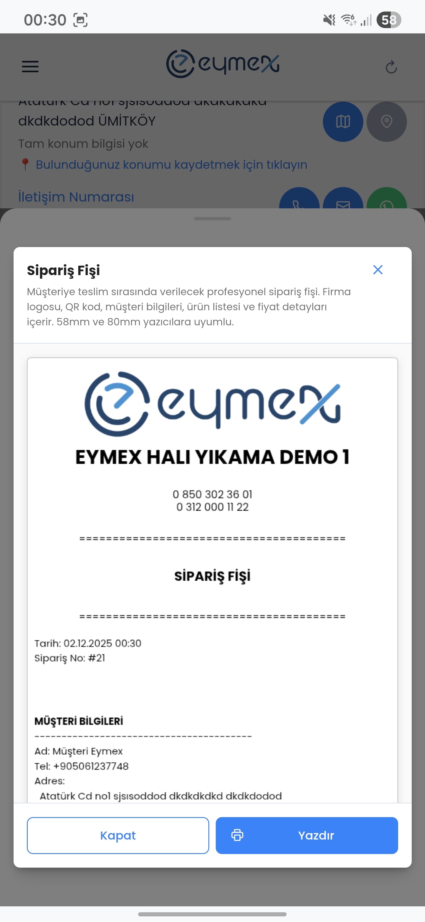 Eymex Sipariş Fişi - Termal yazıcı ile sipariş fişi yazdırma