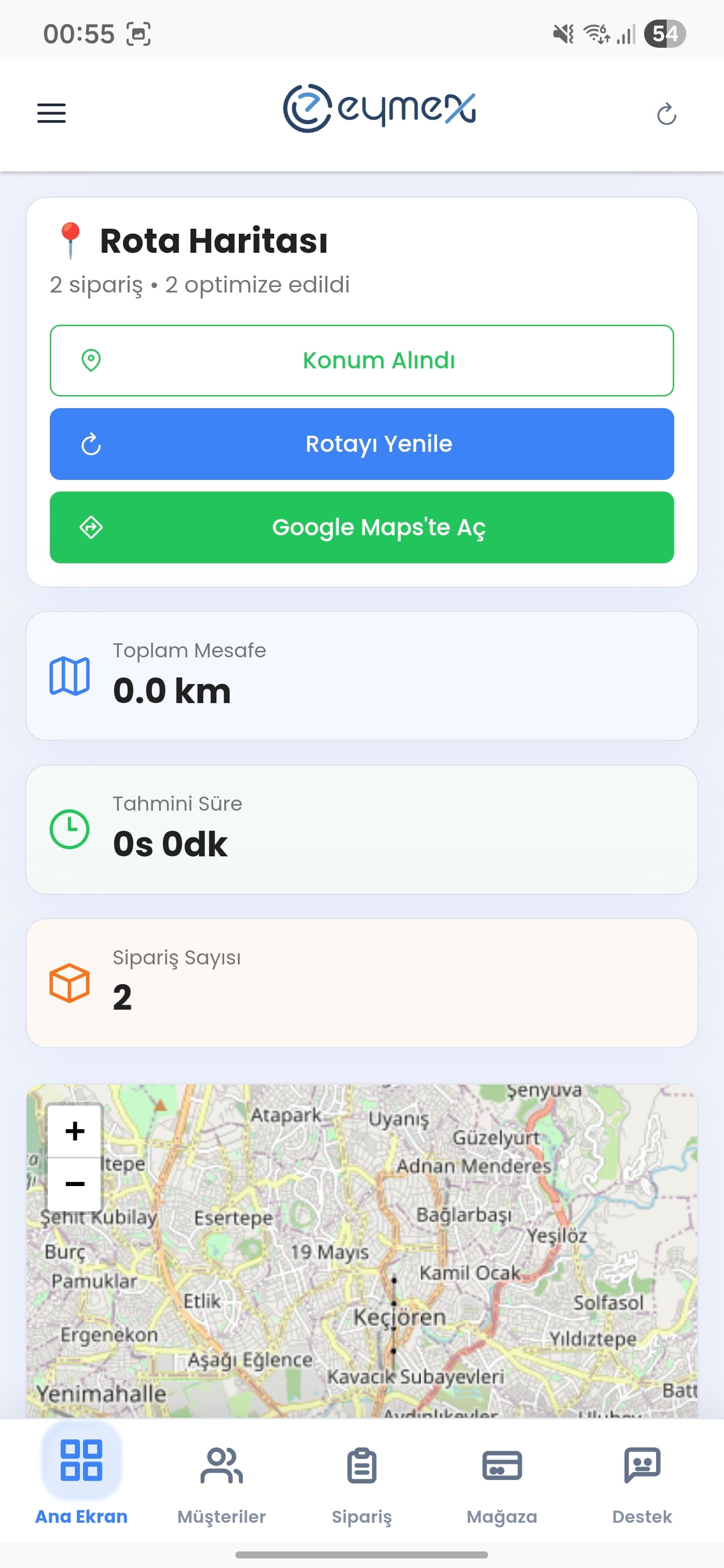 Eymex Rota Listesi - Optimize edilmiş servis rotası