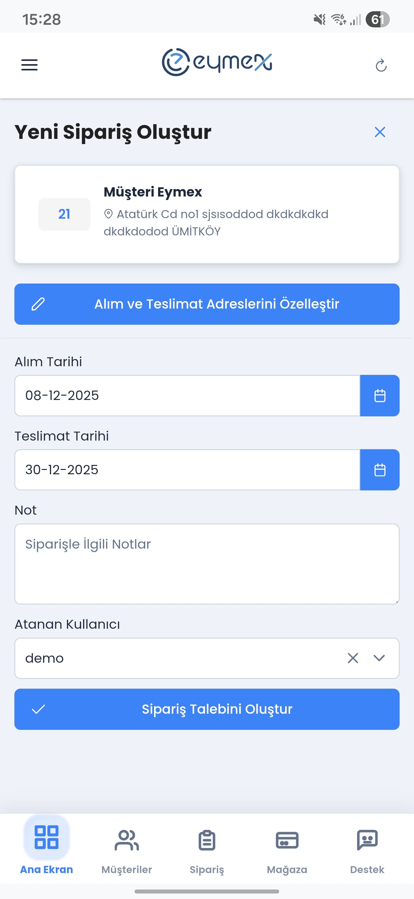 Eymex Yeni Sipariş Oluştur - Hızlı ve kolay sipariş oluşturma