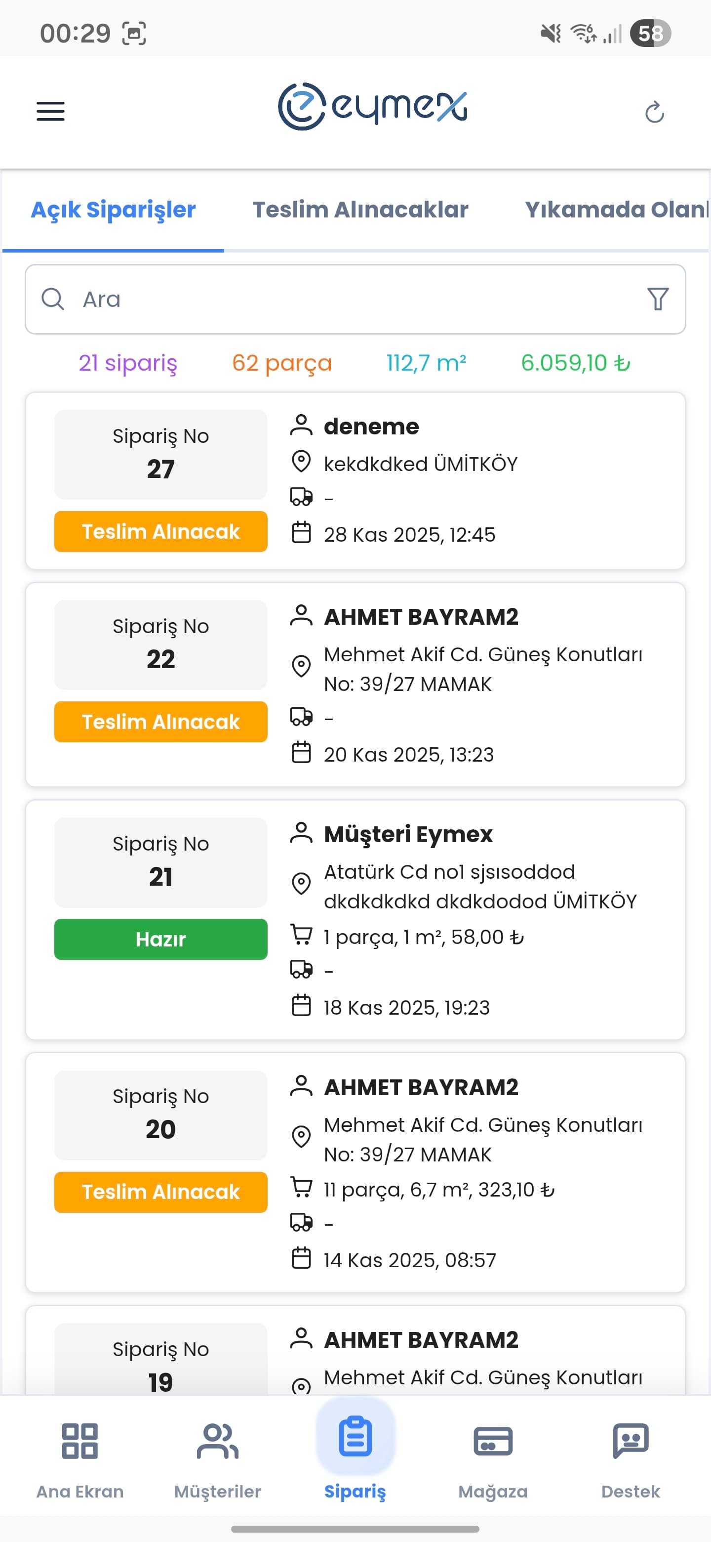 Eymex Siparişler Listesi - Tüm siparişlerin detaylı listesi