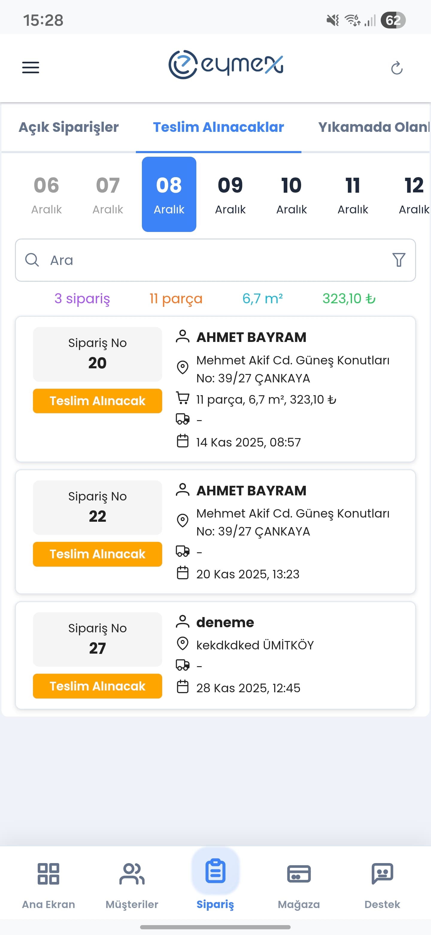 Eymex Teslim Alınacaklar - Teslim alınacak siparişlerin takibi